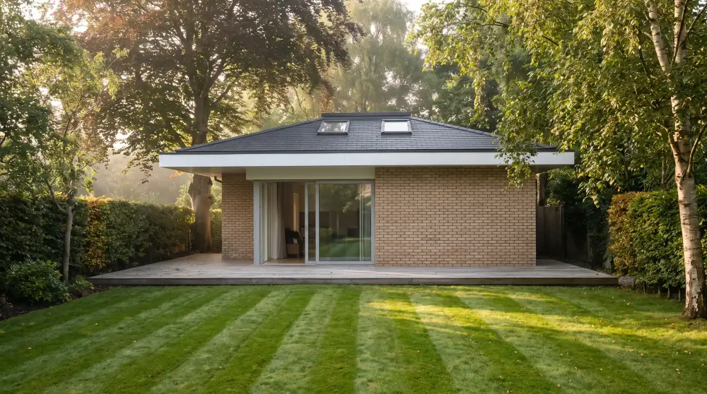 Illustrative NuaHome modular garden home in a mature Irish garden